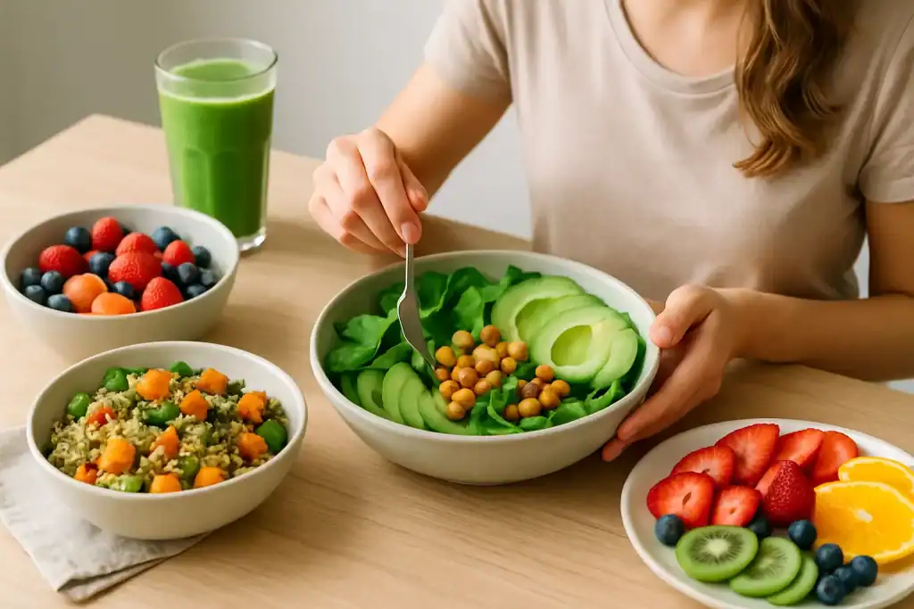 Mesa posta com pratos coloridos de alimentação vegana e vegetariana, com vegetais, grãos e frutas frescas em ambiente iluminado