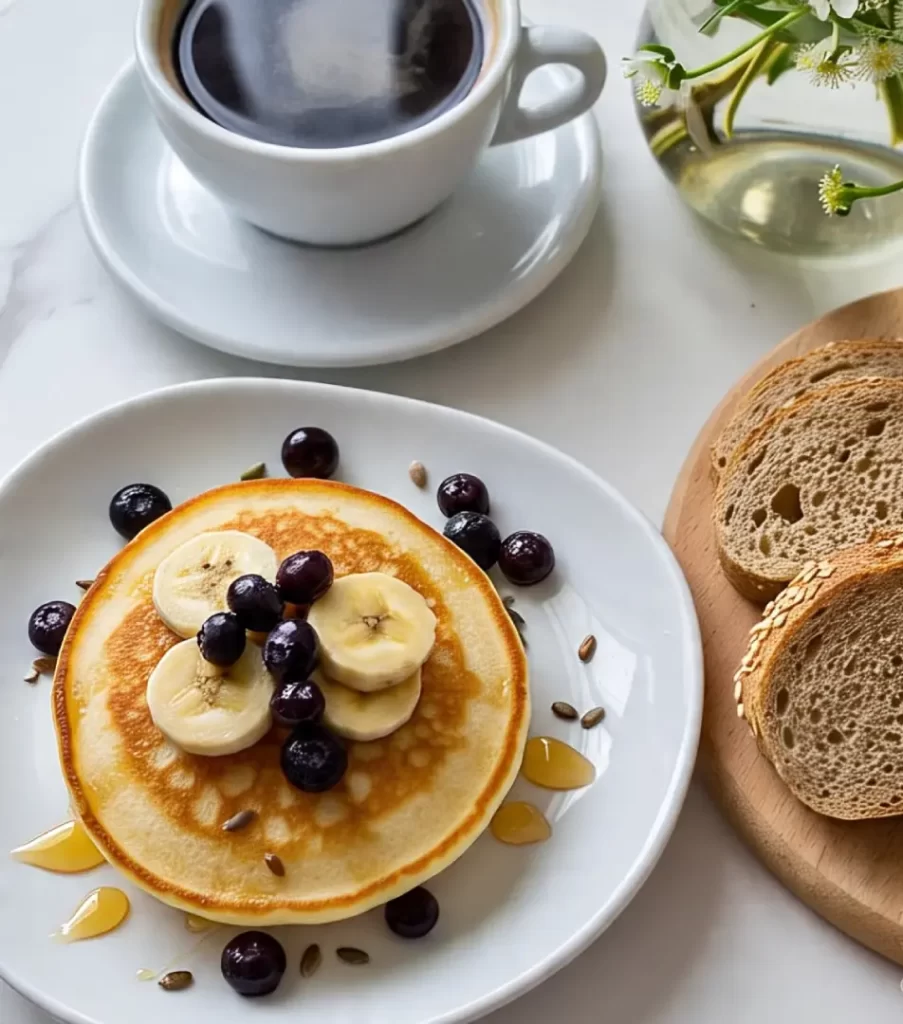 Panqueca de Whey com frutas, sementes, mel e um café fresco ao lado.