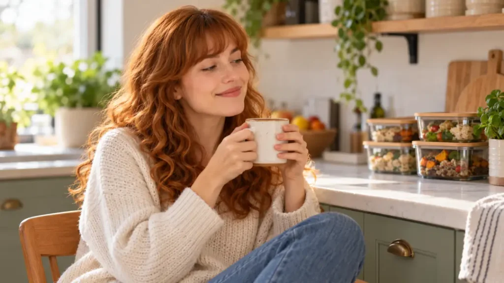 Mulher tomando uma bebida quente ao lado de refeições já organizadas.