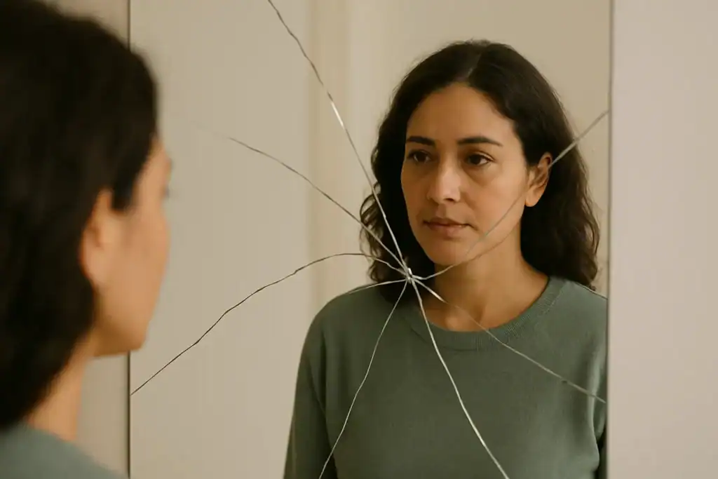 Mulher olhando seu reflexo em um espelho rachado, simbolizando o processo de vencendo a autossabotagem e superação de padrões internos negativos.