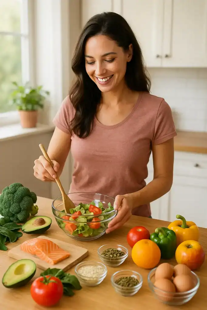 Imagem fotorrealista de uma mulher sorrindo ao preparar uma refeição colorida, com vegetais frescos, frutas e sementes sobre a bancada. Representa a importância de incluir micronutrientes essenciais na rotina alimentar para mais saúde, energia e bem-estar.