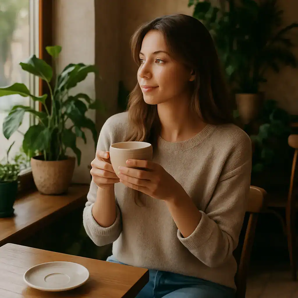 Mulher relaxando em cafeteria tranquila, simbolizando o início do entendimento sobre o Poder das Pausas.