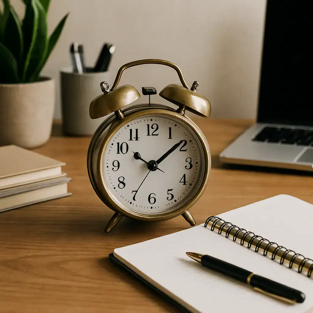 Relógio de mesa vintage sobre mesa organizada com caderno e caneta, simbolizando o poder das pausas e a importância do descanso programado no dia a dia.