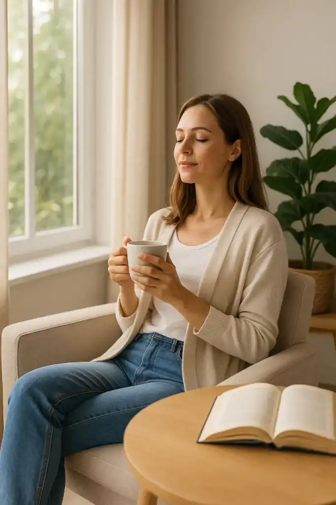 Mulher desfrutando de um ambiente calmo e arejado, representando o impacto positivo do Poder das Pausas.