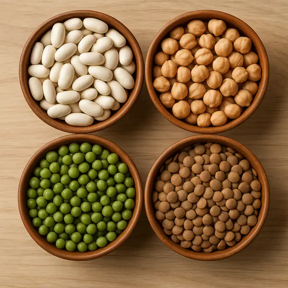 Diferentes tipos de leguminosas — feijão branco, grão-de-bico, ervilha e lentilha — dispostos em tigelas sobre uma superfície de madeira clara.
