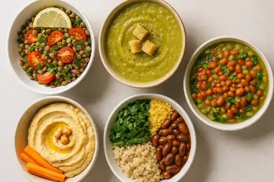 Pratos saudáveis e coloridos ilustram o papel das leguminosas na alimentação equilibrada, com lentilhas, feijões, grão-de-bico e ervilhas como protagonistas.