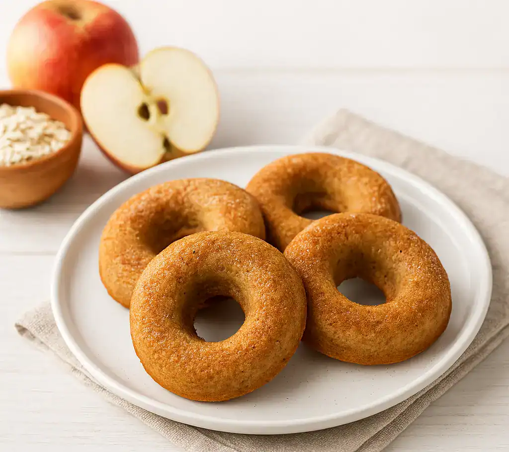 Rosquinha saudável de maçã sobre prato branco, polvilhada com canela, acompanhada de pedaços de maçã ao fundo.
