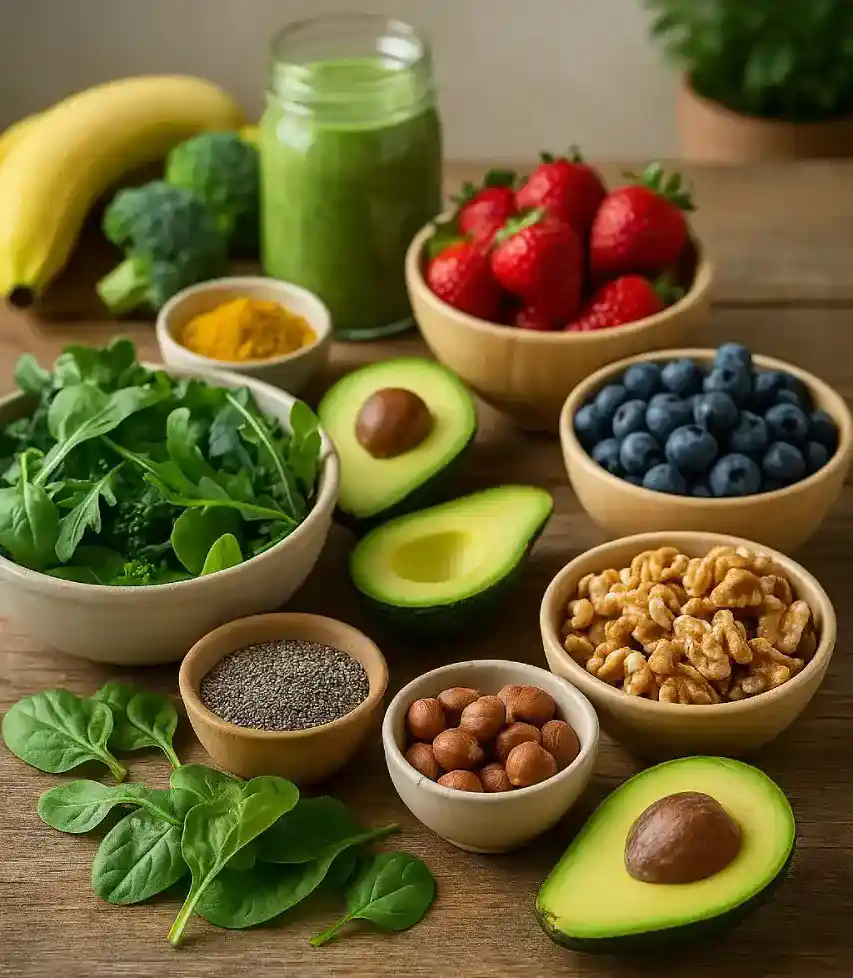 Superalimentos poderosos para a saúde: brócolis, abacate, sementes, mirtilos, amêndoas e nozes em destaque.