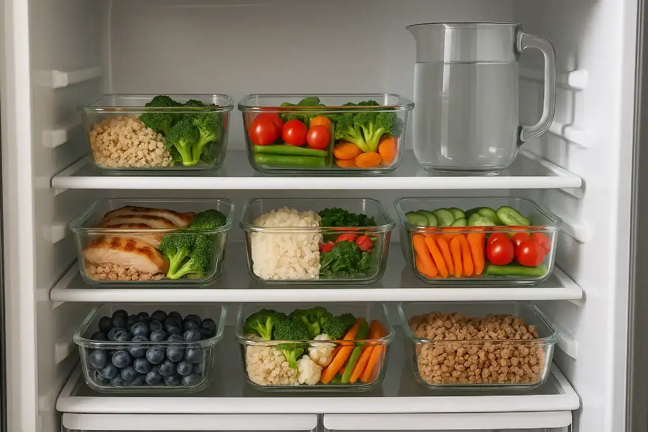 Geladeira organizada com potes transparentes cheios de refeições prontas, demonstrando como manter uma alimentação saudável em meio à correria.