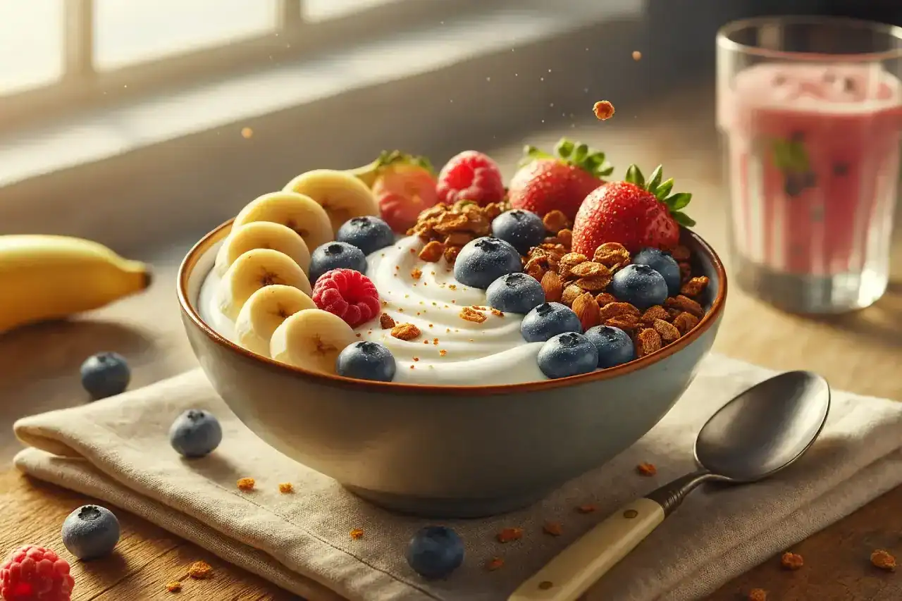 Tigela de iogurte natural com frutas frescas e granola integral, um café da manhã nutritivo e prático para quem busca uma alimentação saudável em meio à correria.