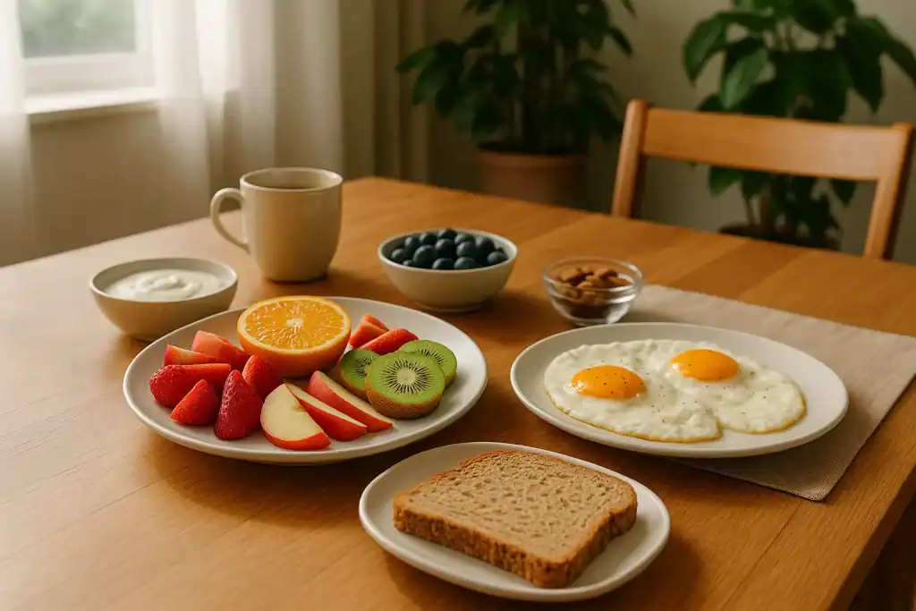 Imagem de uma mesa de café da manhã saudável, com frutas coloridas, ovos, pão integral, iogurte e ambiente aconchegante ao redor.