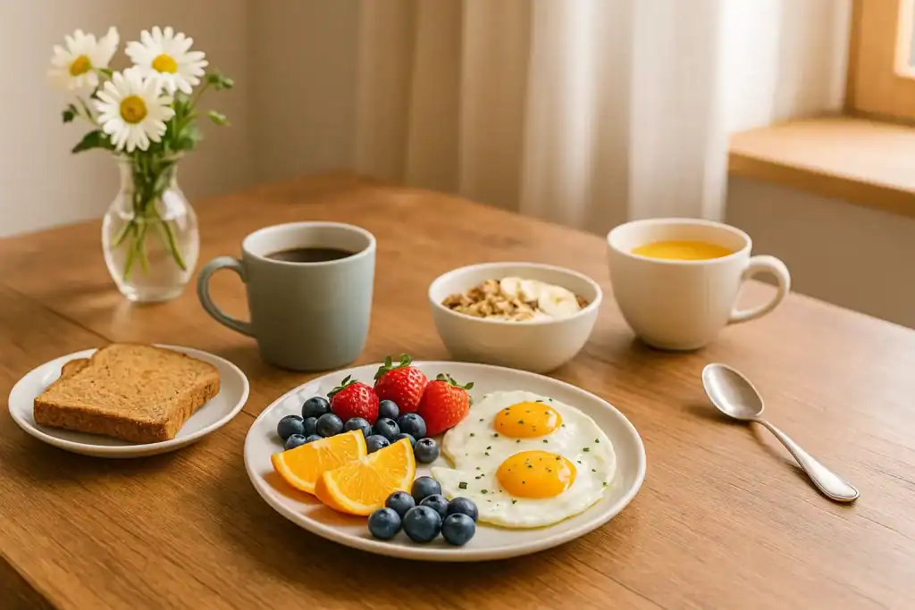 Imagem de uma mesa de Café da Manhã com frutas, ovos, pão integral, café e suco, em ambiente iluminado e acolhedor.