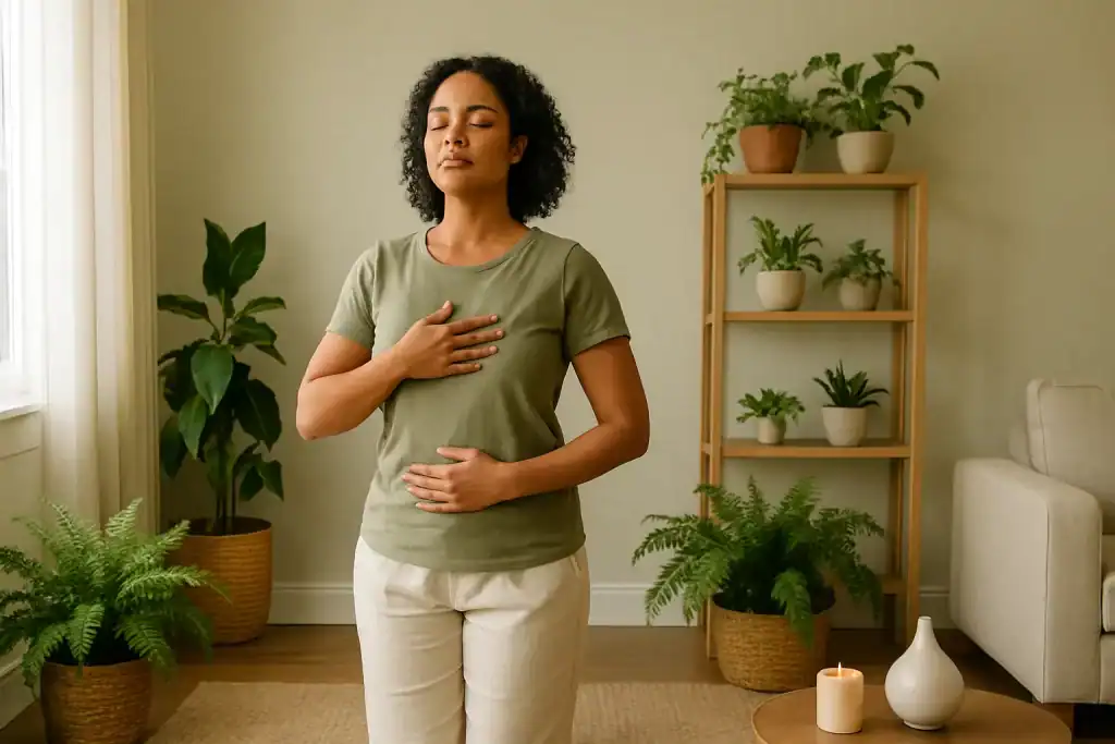 Mulher praticando respiração consciente em um ambiente tranquilo com plantas ao redor.