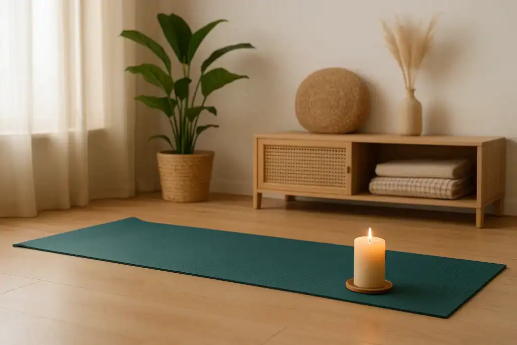 Ambiente aconchegante de autocuidado, ideal para praticar a respiração consciente, com tapete de yoga, vela acesa e luz natural suave.