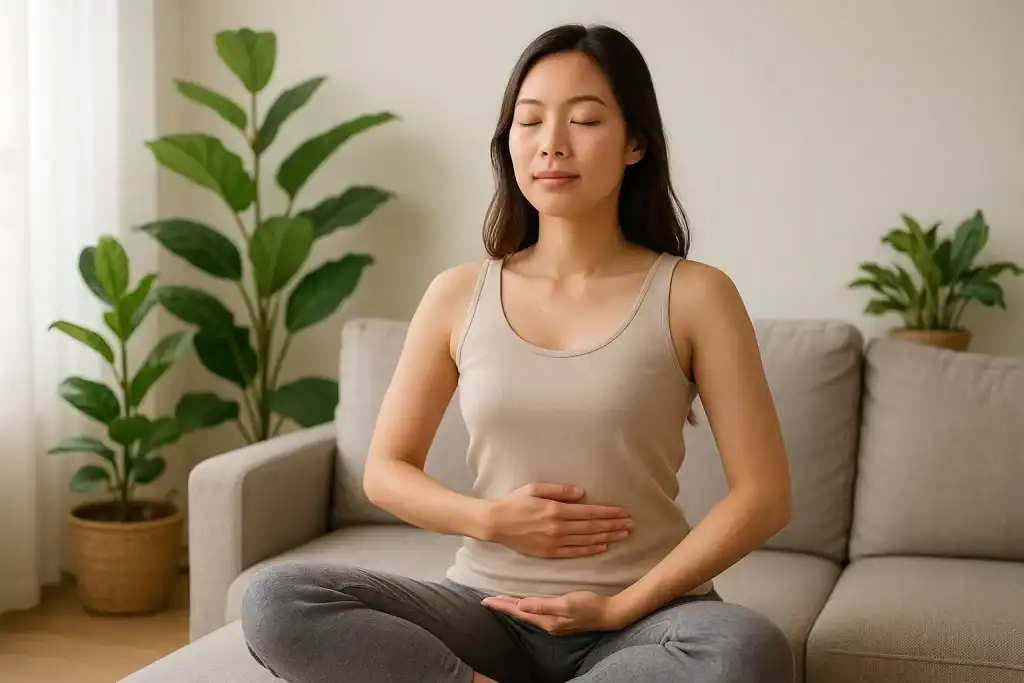 Mulher sentada em um ambiente calmo com plantas, olhos fechados, respirando profundamente, expressão serena, luz suave realizando respiração consciente.