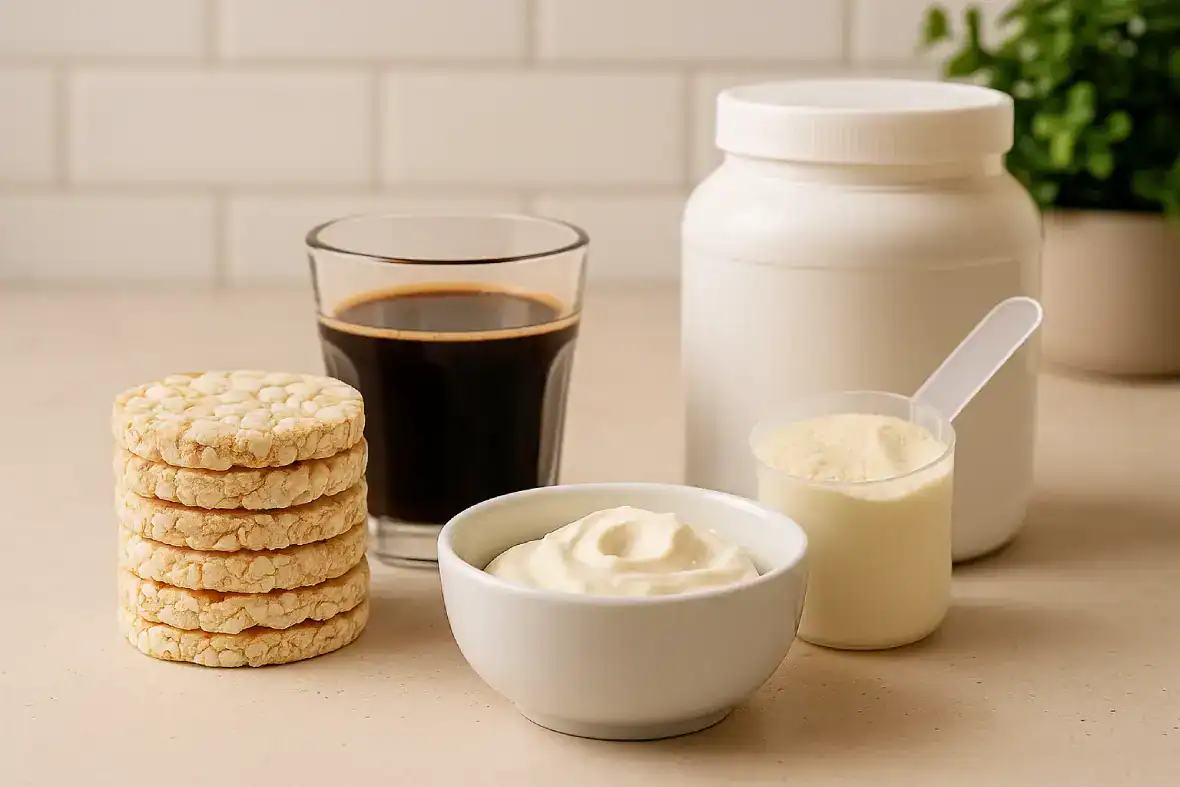 Ingredientes para sobremesa proteica sem glúten