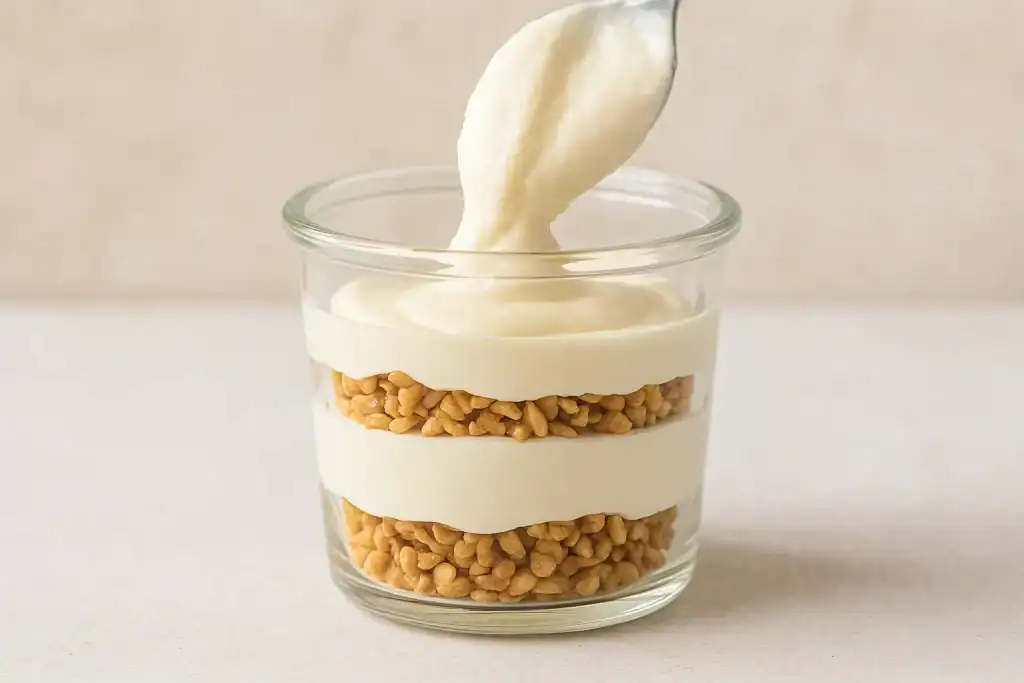 Camadas de sobremesa proteica durante o preparo.