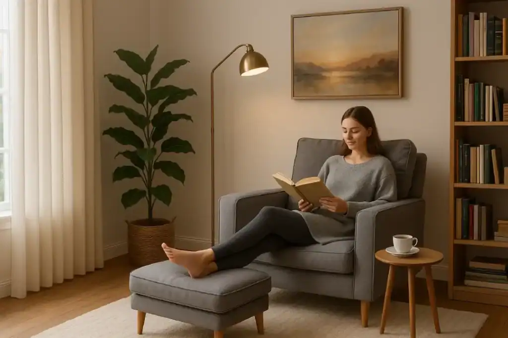 Mulher lendo em uma poltrona com apoio para os pés, cercada por planta, cortinas claras, estante com livros e quadro na parede, transmitindo autenticidade e bem-estar.
