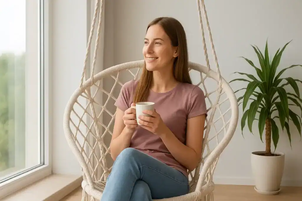 Mulher sorrindo tranquila em cadeira suspensa perto da janela, segurando uma xícara de chá, com planta ao lado, transmitindo autenticidade e bem-estar.