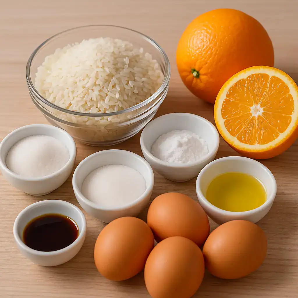 Ingredientes para preparar bolo de laranja organizados em uma bancada de cozinha.