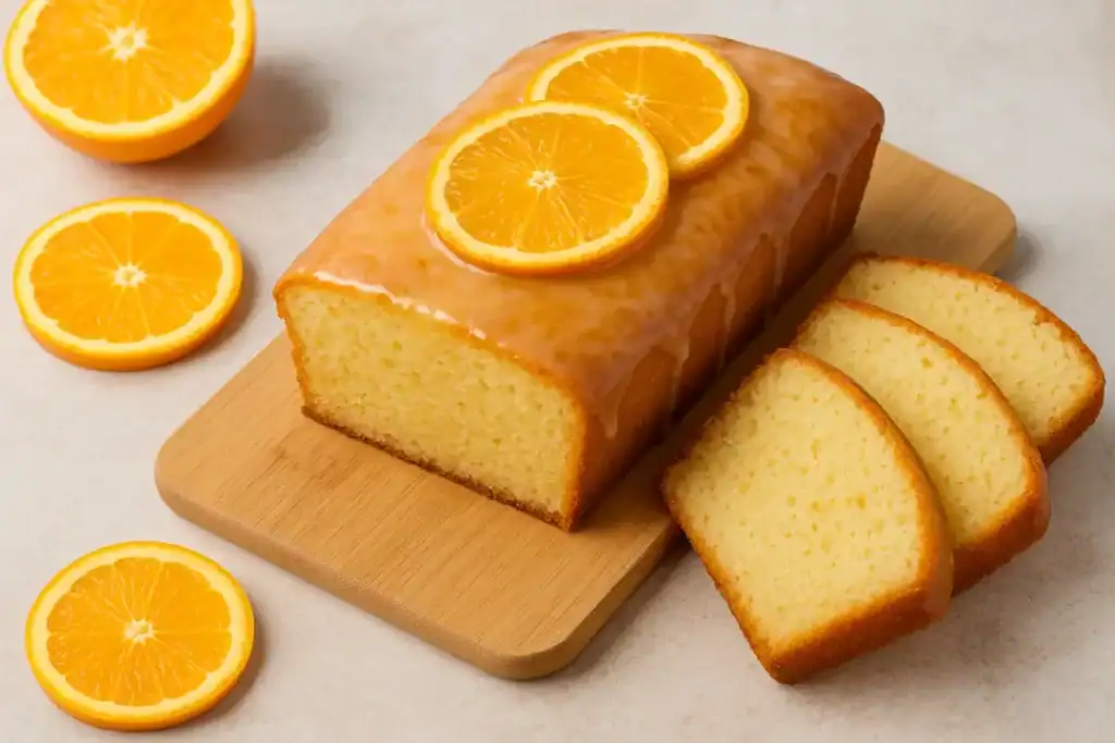 Bolo de laranja inteiro sobre tábua de madeira, com fatias ao lado e rodelas de laranja decorando.