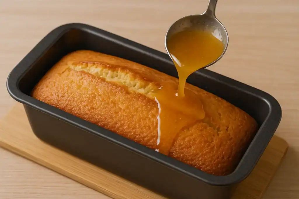 Bolo de laranja recém-saído do forno com calda sendo despejada por cima.