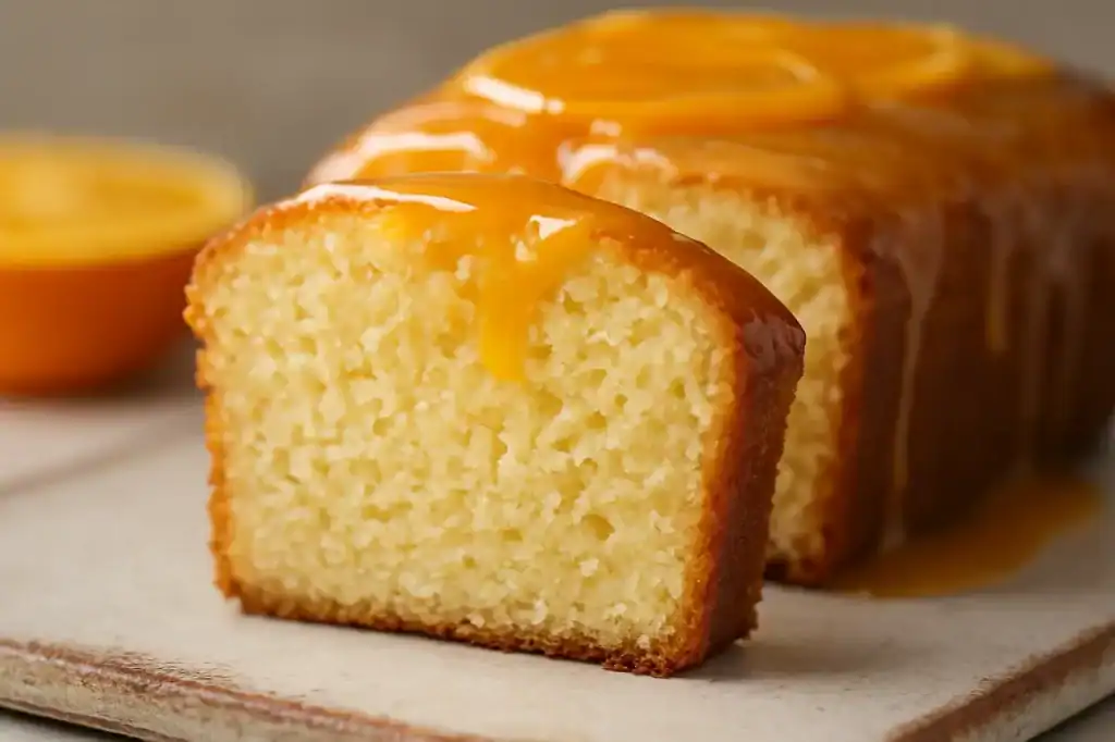 Close em uma fatia de bolo de laranja mostrando a textura macia.