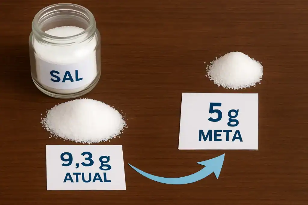 Infográfico simples mostrando a recomendação diária de sódio (5g) comparada ao consumo médio do brasileiro (9,3g)