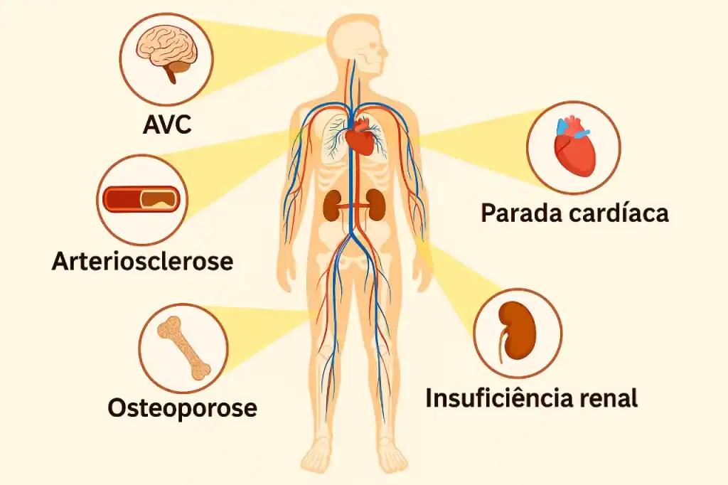 Ilustração de um corpo humano mostrando os órgãos mais afetados pelo excesso de sal.
