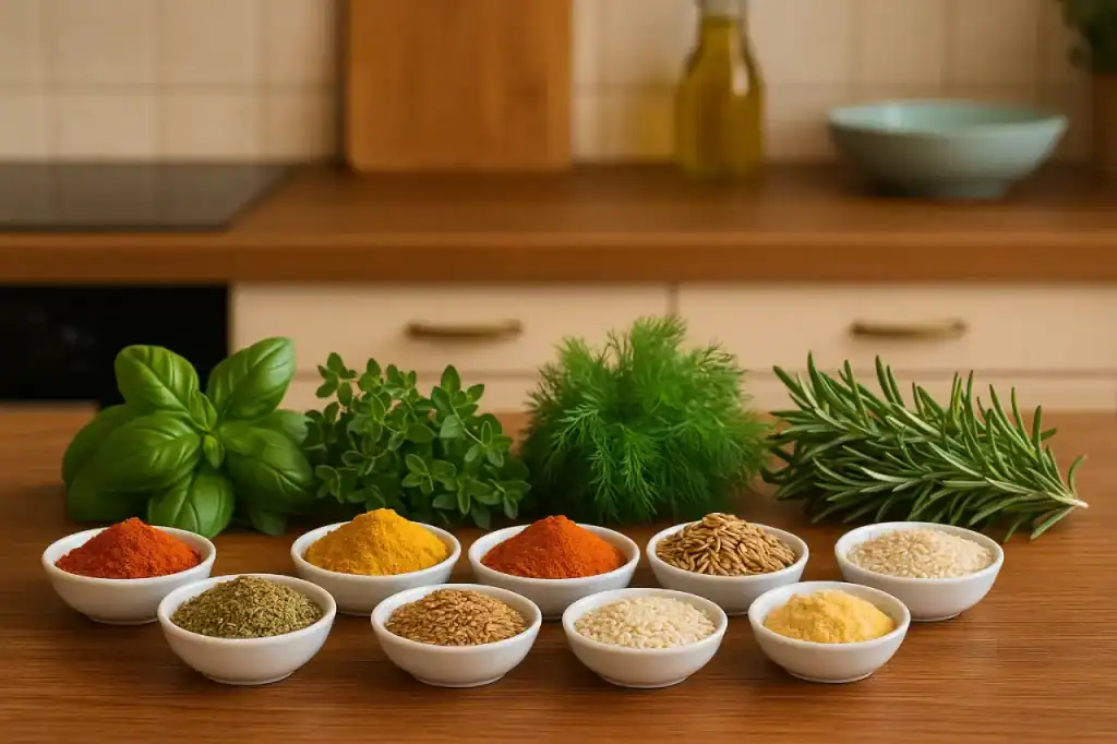 Variedade de temperos naturais e ervas frescas sobre a mesa de cozinha, mostrando alternativas para reduzir o efeito do sal em excesso.