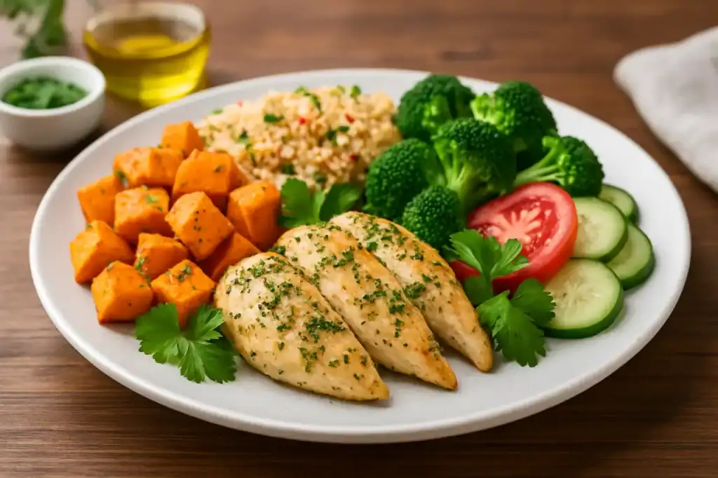 Prato saudável com frango grelhado, legumes e verduras, cercado por temperos naturais que ajudam a minimizar o efeito do sal na saúde.