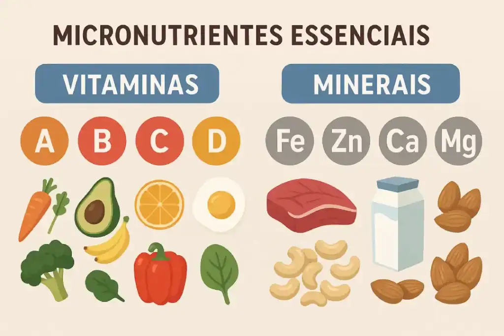 Infográfico mostrando vitaminas e minerais que fazem parte dos micronutrientes essenciais.