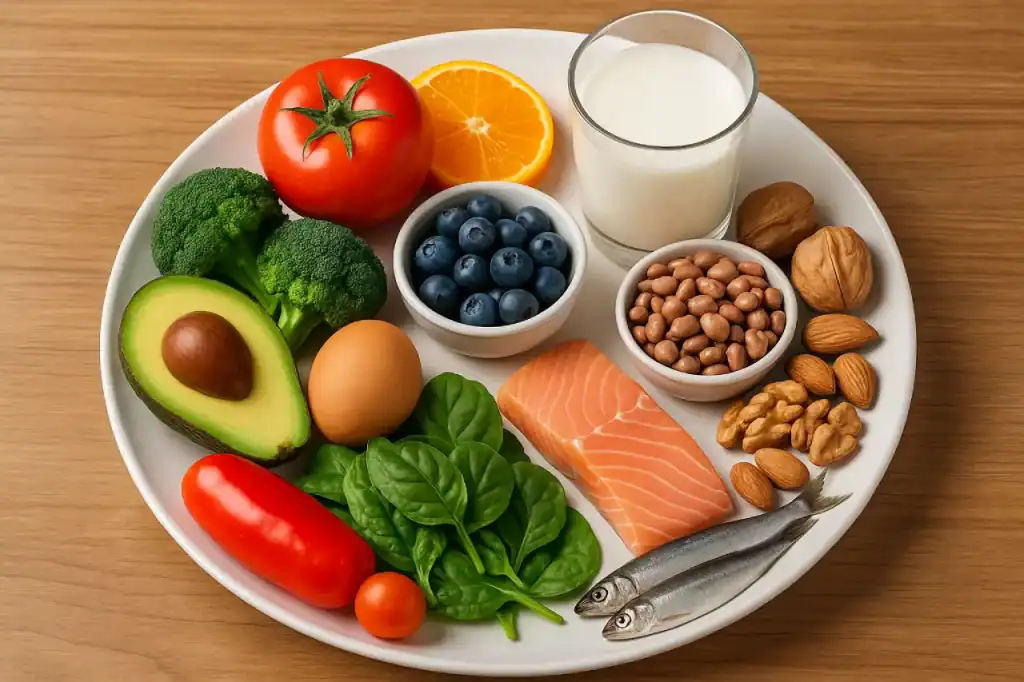 Prato com alimentos ricos em vitaminas e minerais, como peixes, legumes, frutas, oleaginosas e laticínios.