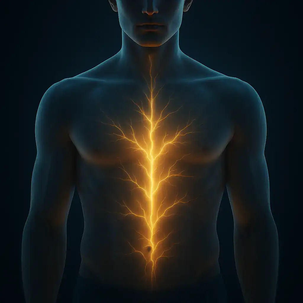 Corpo humano iluminado por feixes dourados de energia, simbolizando a transformação dos alimentos energéticos em vitalidade e disposição ao longo do dia.