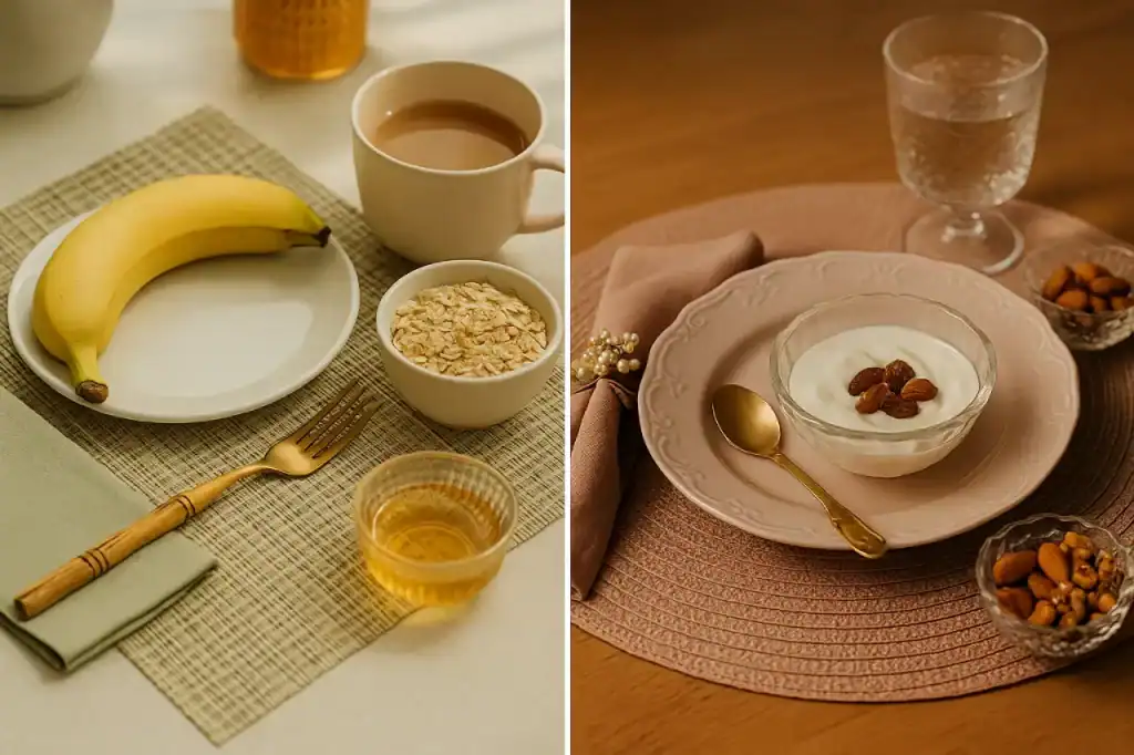 Mesa posta elegante dividida entre manhã e tarde, com pratos e utensílios delicados; à esquerda, banana, aveia e mel; à direita, iogurte com castanhas e frutas secas, representando alimentos energéticos para manter a disposição.