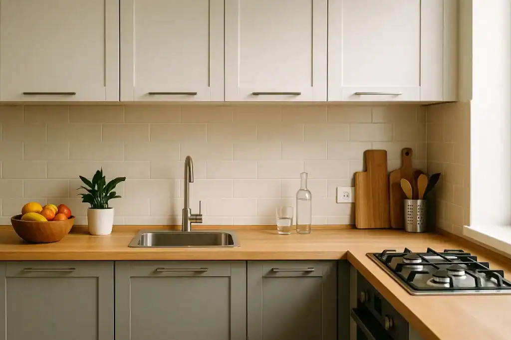 Cozinha organizada com frutas coloridas à vista, iluminação suave e bancada limpa, representando como o ambiente e hábitos saudáveis se conectam no dia a dia.