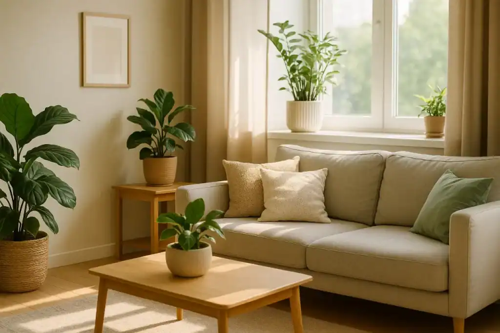 Sala iluminada com plantas verdes em destaque, sofá aconchegante e decoração clean, transmitindo bem-estar e mostrando como ambiente e hábitos saudáveis se conectam.