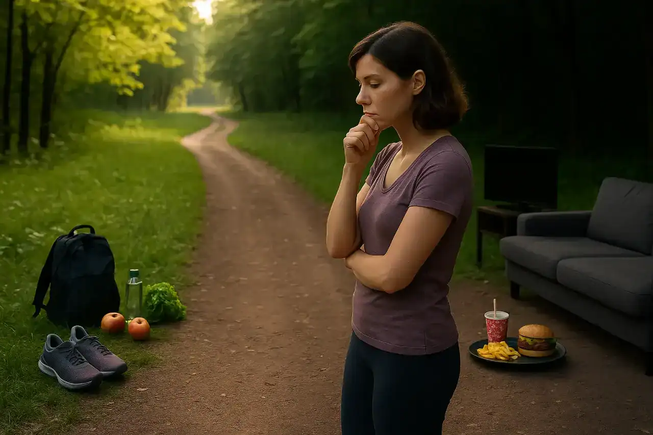 Mulher pensativa ao ar livre, refletindo sobre suas escolhas e tentando vencer a autossabotagem.