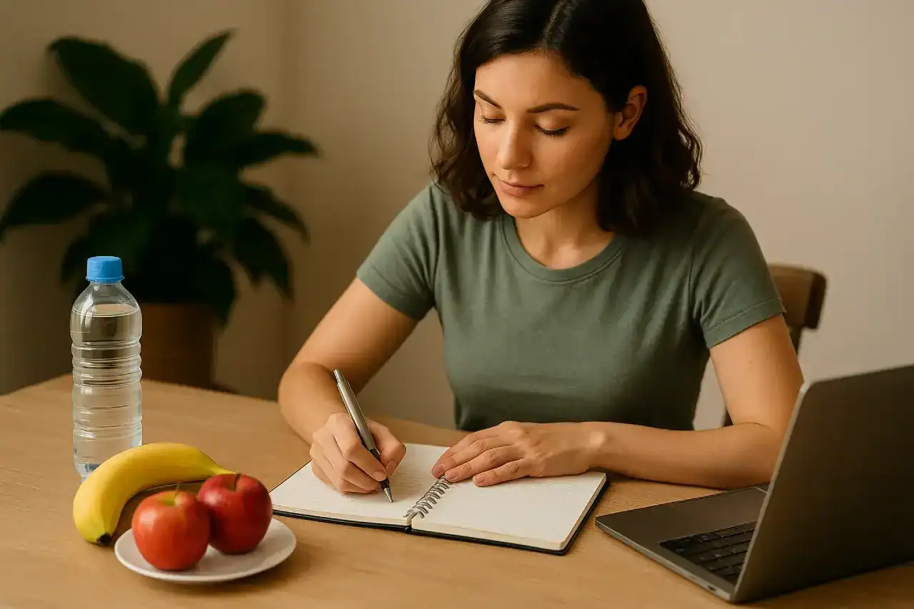Uma mulher escrevendo metas em um caderno com frutas, água e notebook ao lado — representando planejamento e ação para vencer a autossabotagem.