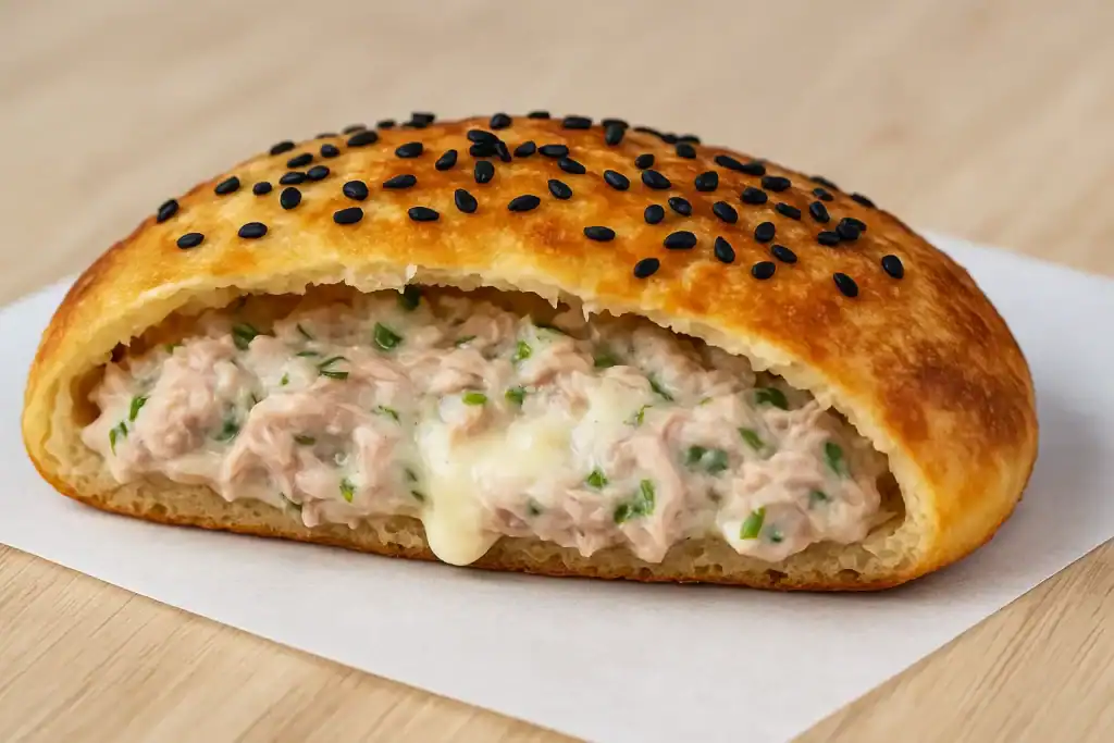 Hot Pocket de Atum aberto mostrando o recheio cremoso de atum, queijo e cebolinha.