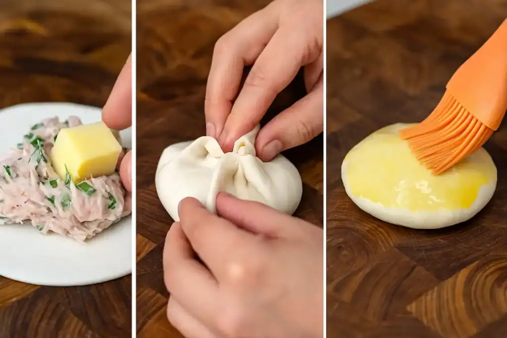 Sequência mostrando o preparo do Hot Pocket de Atum: recheando com atum cremoso, selando a massa e pincelando com gema.