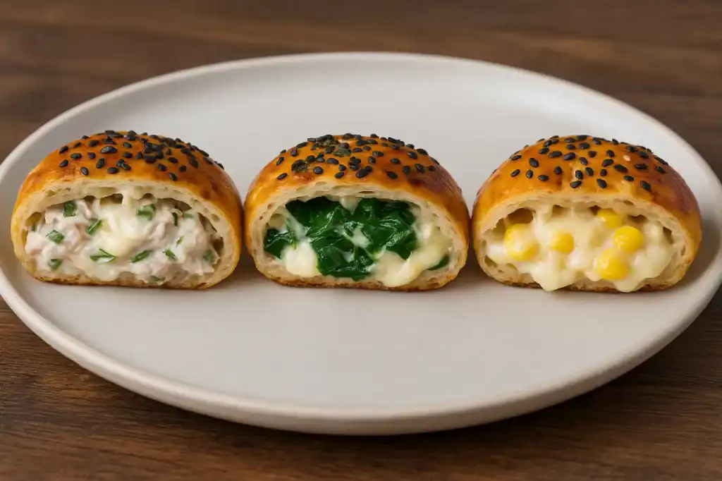 Três Hot Pockets de Atum abertos em um prato, com recheios variados — atum, espinafre e milho com cream cheese e queijo derretido.