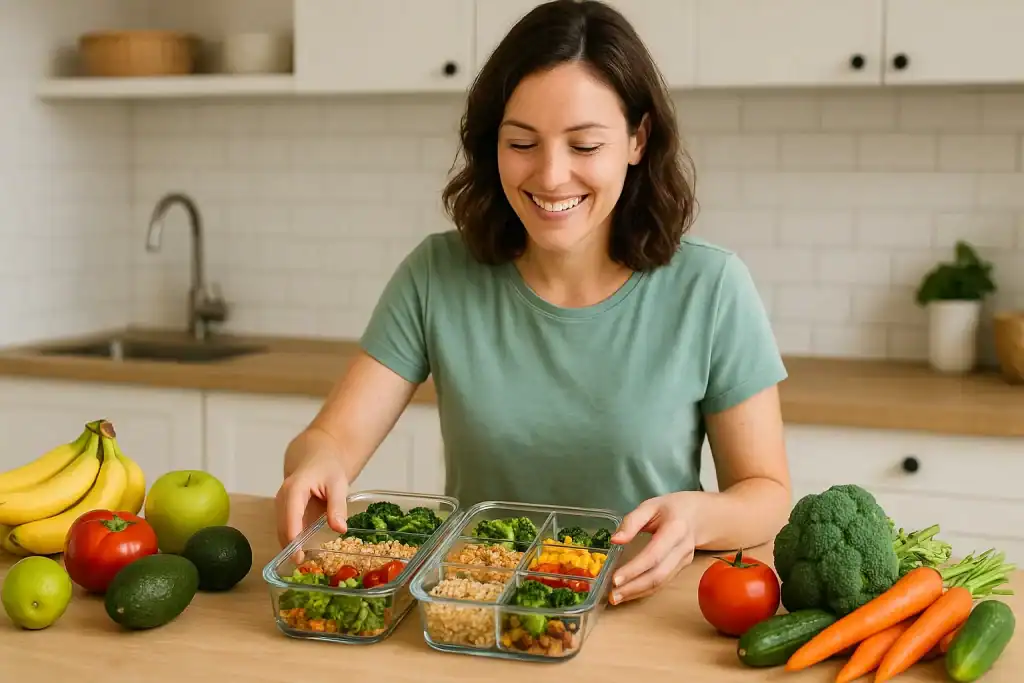 Planejamento alimentar semanal com marmitas saudáveis organizadas em uma bancada de cozinha por uma mulher.