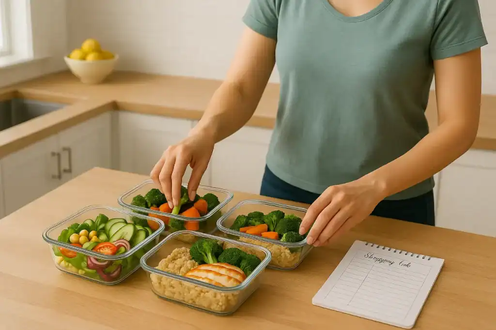 Planejamento alimentar semanal com marmitas saudáveis organizadas em uma bancada de cozinha por uma mulher.