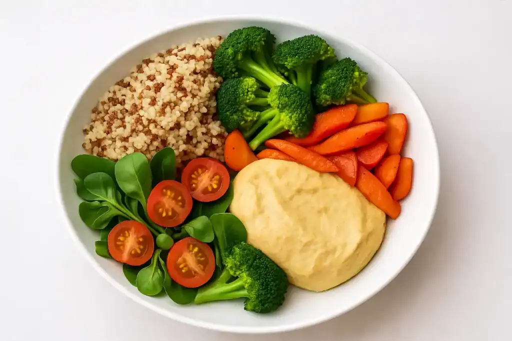 Prato colorido com quinoa, brócolis, cenoura assada, homus e folhas verdes representando alimentação vegana e vegetariana equilibrada.