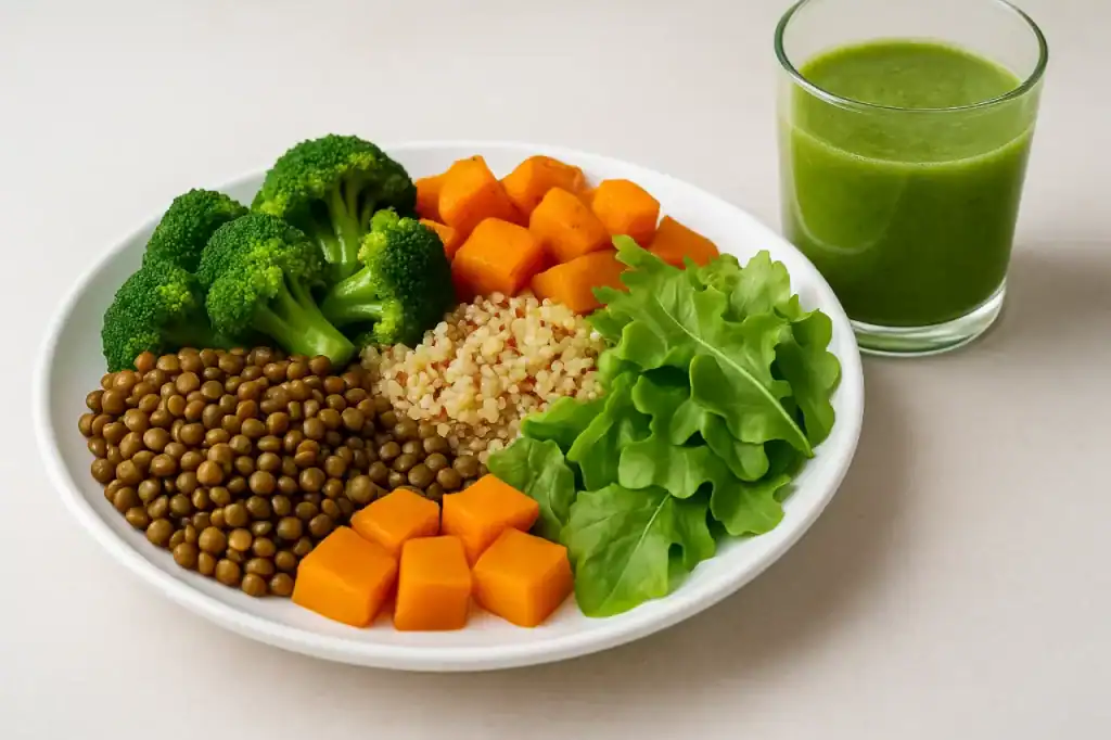 Prato colorido com vegetais e grãos representando os benefícios para a saúde da alimentação vegana e vegetariana.