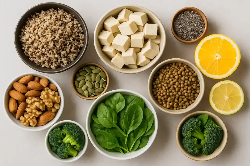 Tigelas com grãos, sementes, castanhas e vegetais representando fontes de nutrientes na alimentação vegana e vegetariana.