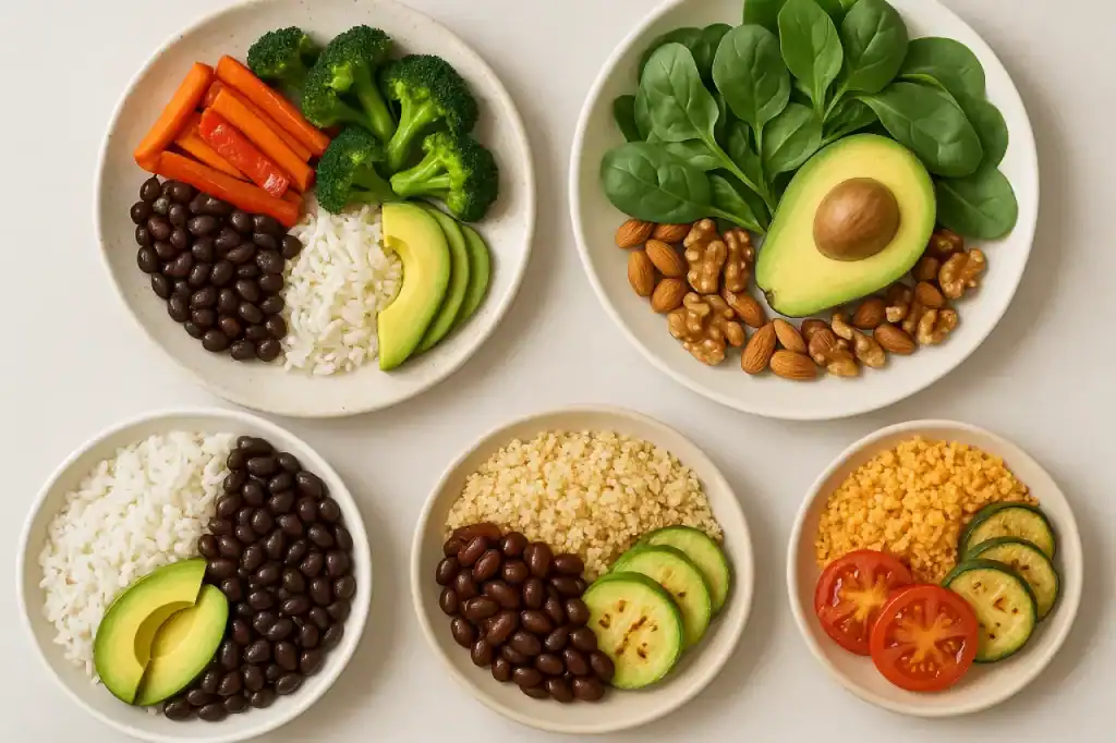 Prato colorido com arroz, feijão, legumes, folhas verdes e castanhas representando uma refeição equilibrada.