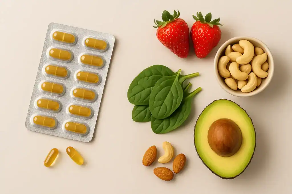 Mesa com cápsulas vegetais e alimentos naturais, representando a importância da suplementação na alimentação vegana e vegetariana.