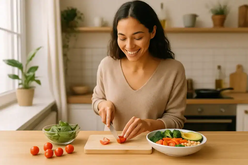 Mulher sorrindo ao preparar refeição colorida, representando leveza e autocuidado na alimentação vegana e vegetariana.
